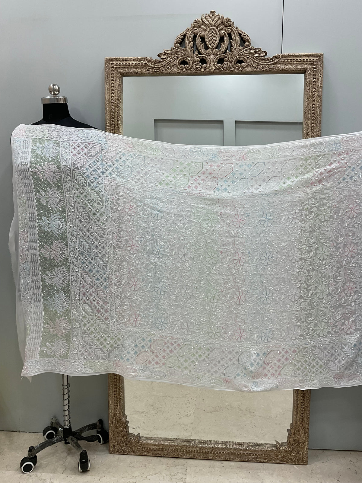 Heavy Designer Multicolored Cutdana Dupatta Off White