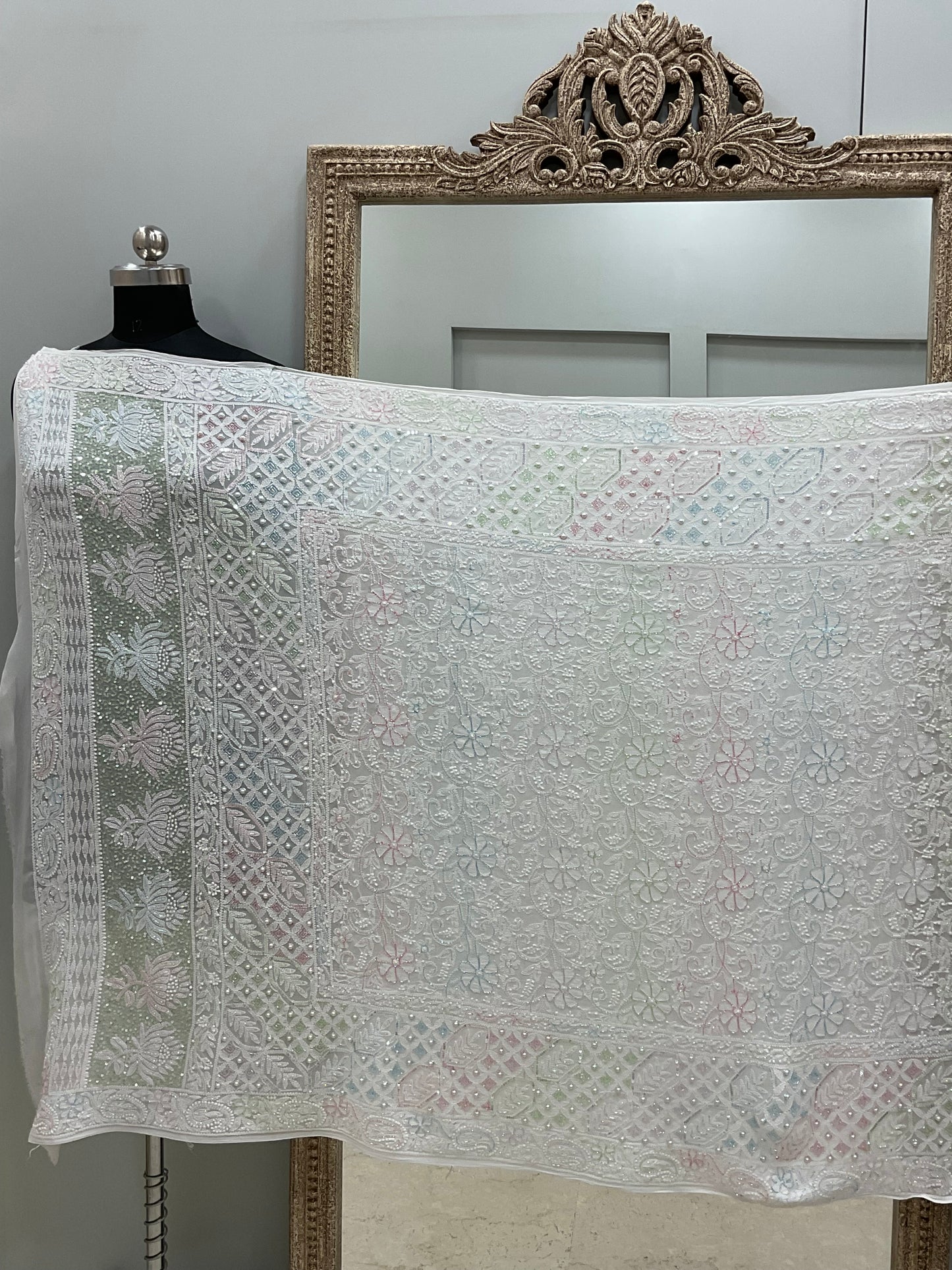 Heavy Designer Multicolored Cutdana Dupatta Off White
