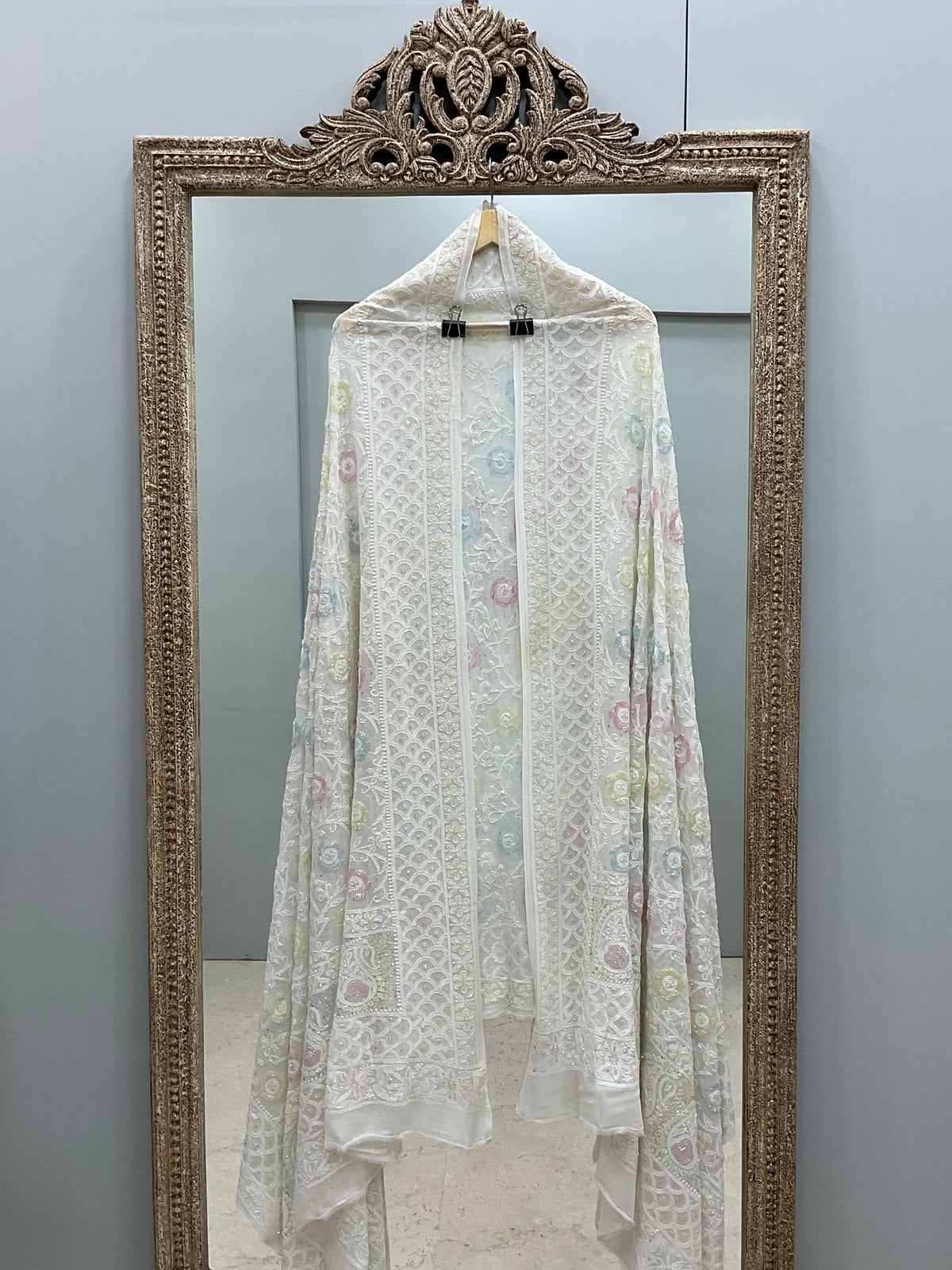 Heavy Designer Multicolored Cutdana Dupatta Off White