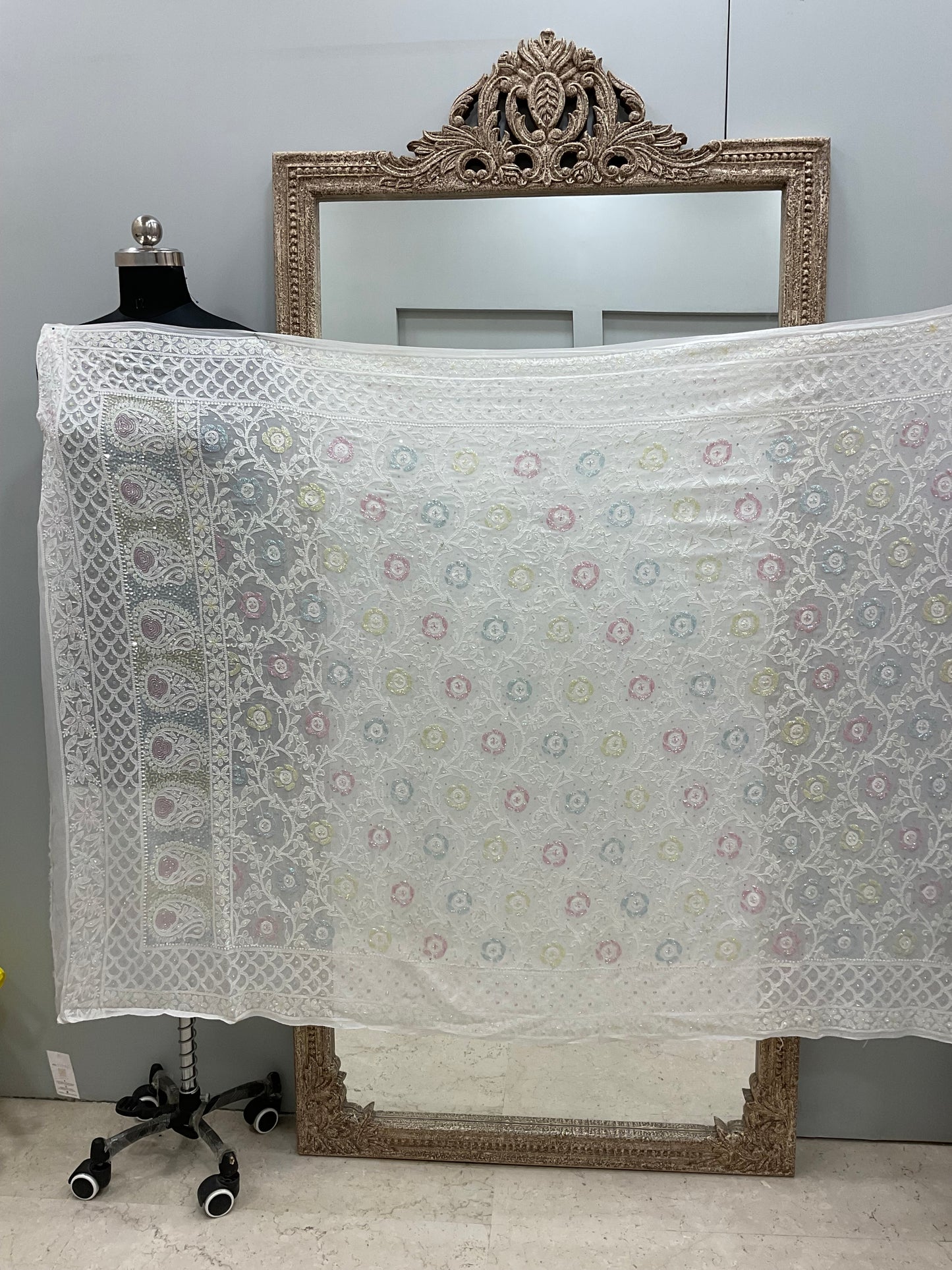 Heavy Designer Multicolored Cutdana Dupatta Off White
