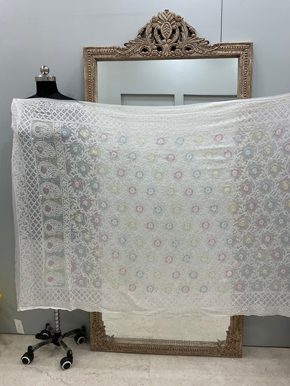 Heavy Designer Multicolored Cutdana Dupatta Off White