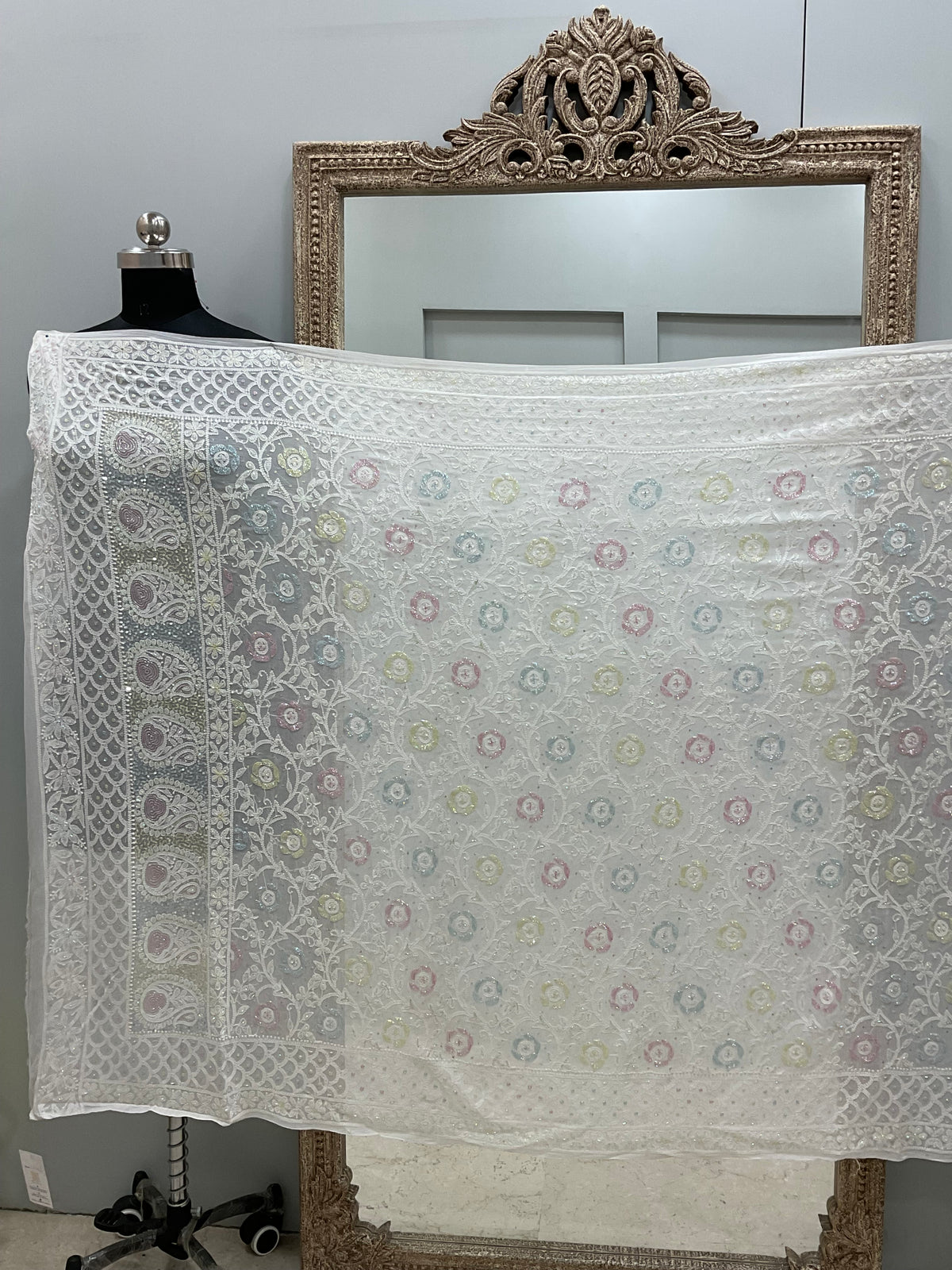 Heavy Designer Multicolored Cutdana Dupatta Off White