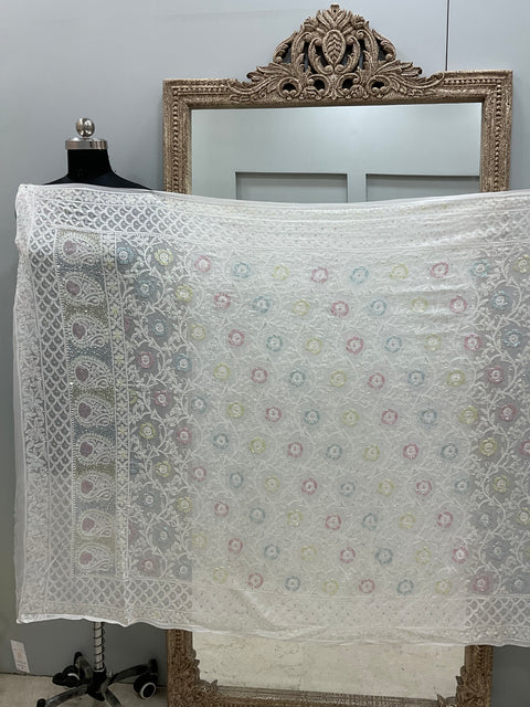 Heavy Designer Multicolored Cutdana Dupatta Off White