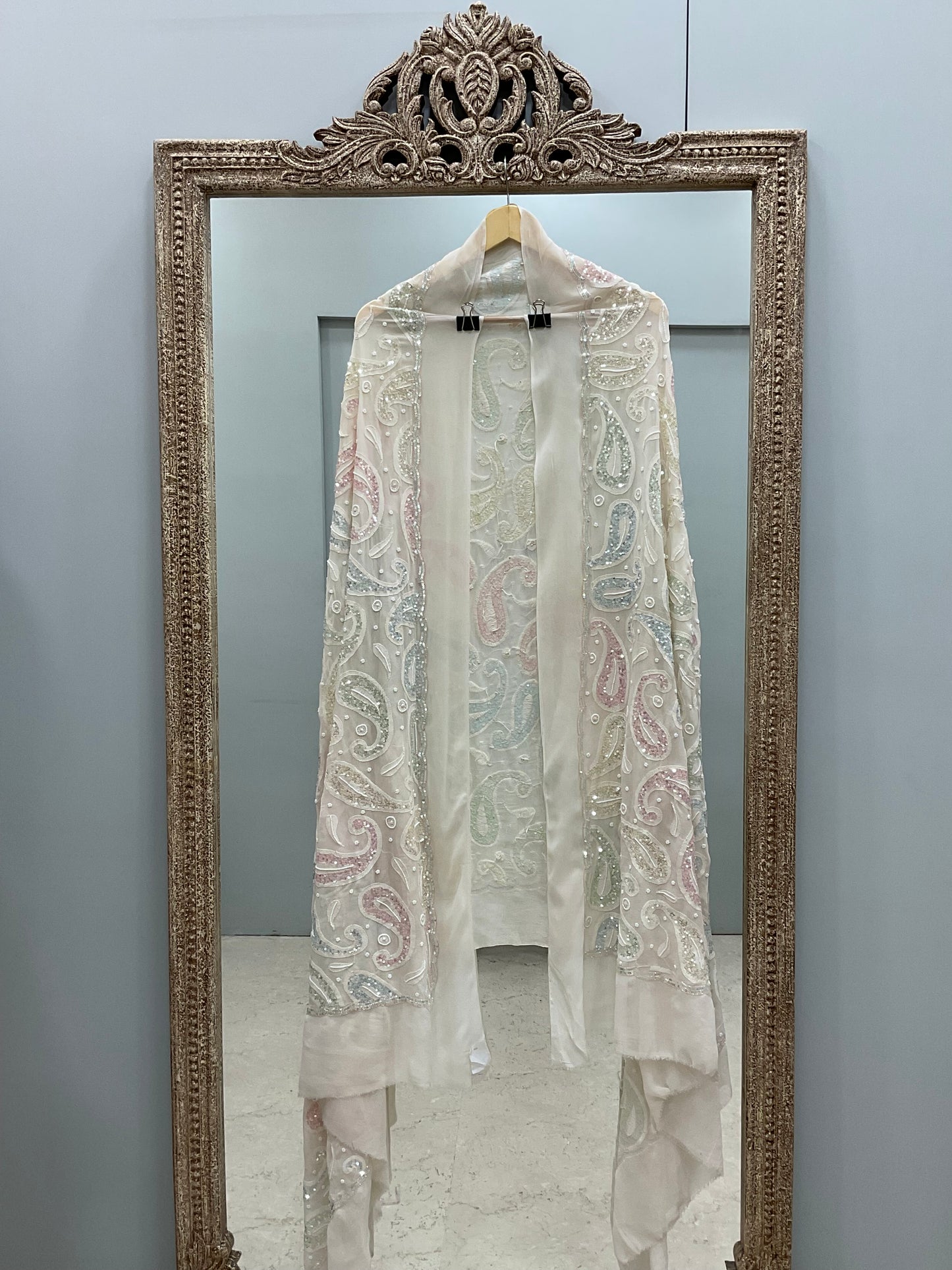 Heavy Designer Multicolored Cutdana Dupatta Off White