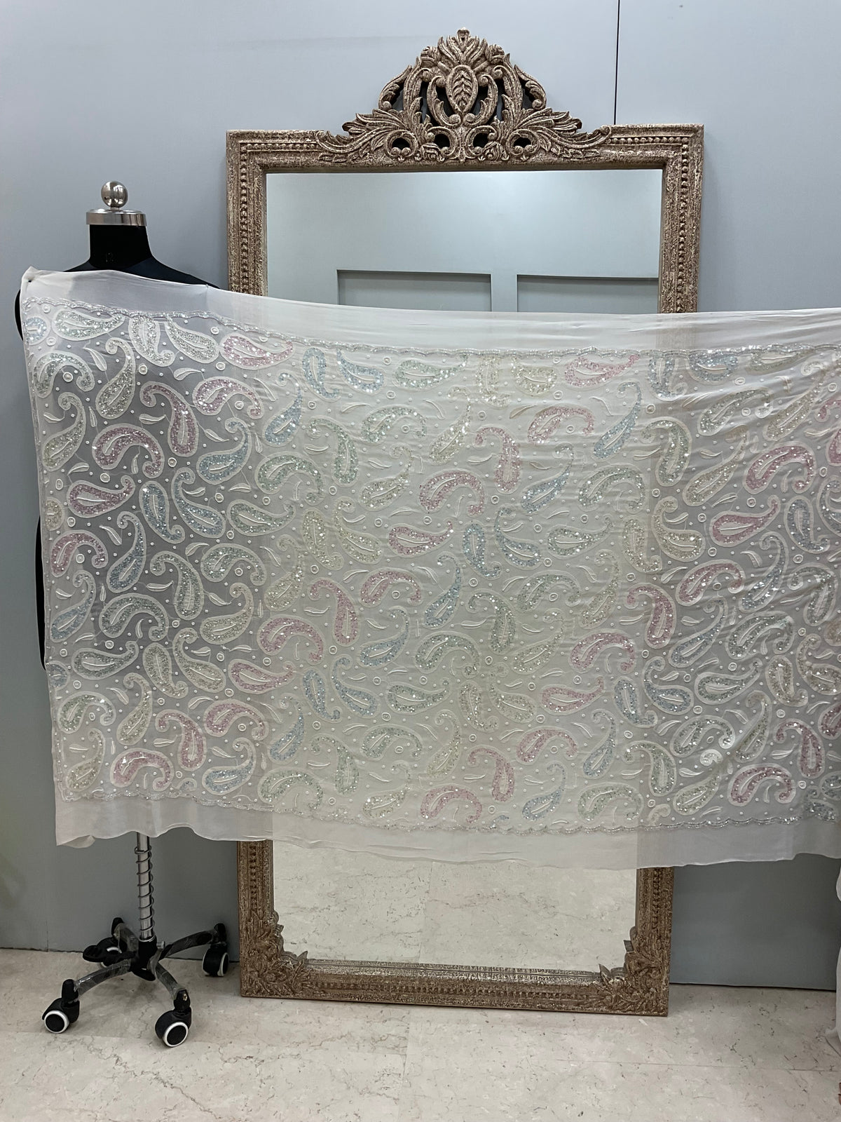 Heavy Designer Multicolored Cutdana Dupatta Off White