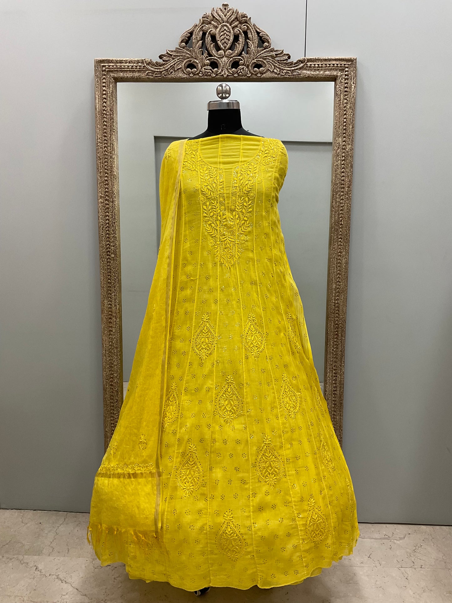 Pure Mul Anarkali Heavy Mukaish Work With Dupatta Yellow