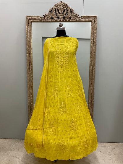 Pure Mul Anarkali Heavy Mukaish Work With Dupatta Yellow