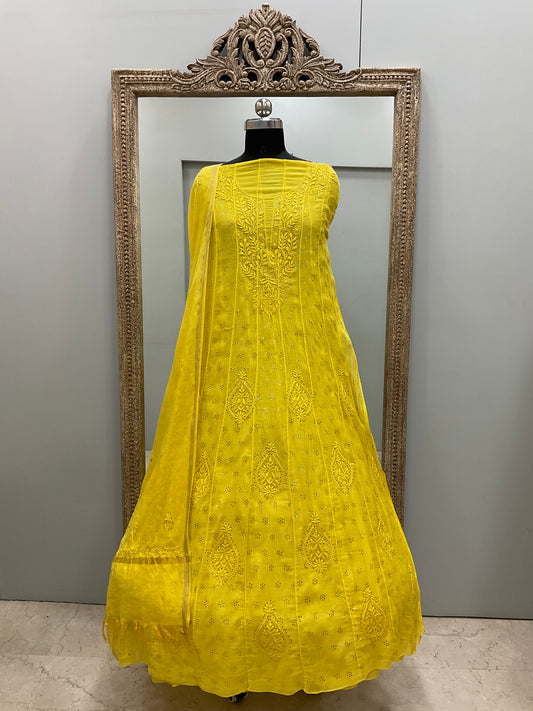 Pure Mul Anarkali Heavy Mukaish Work With Dupatta Yellow