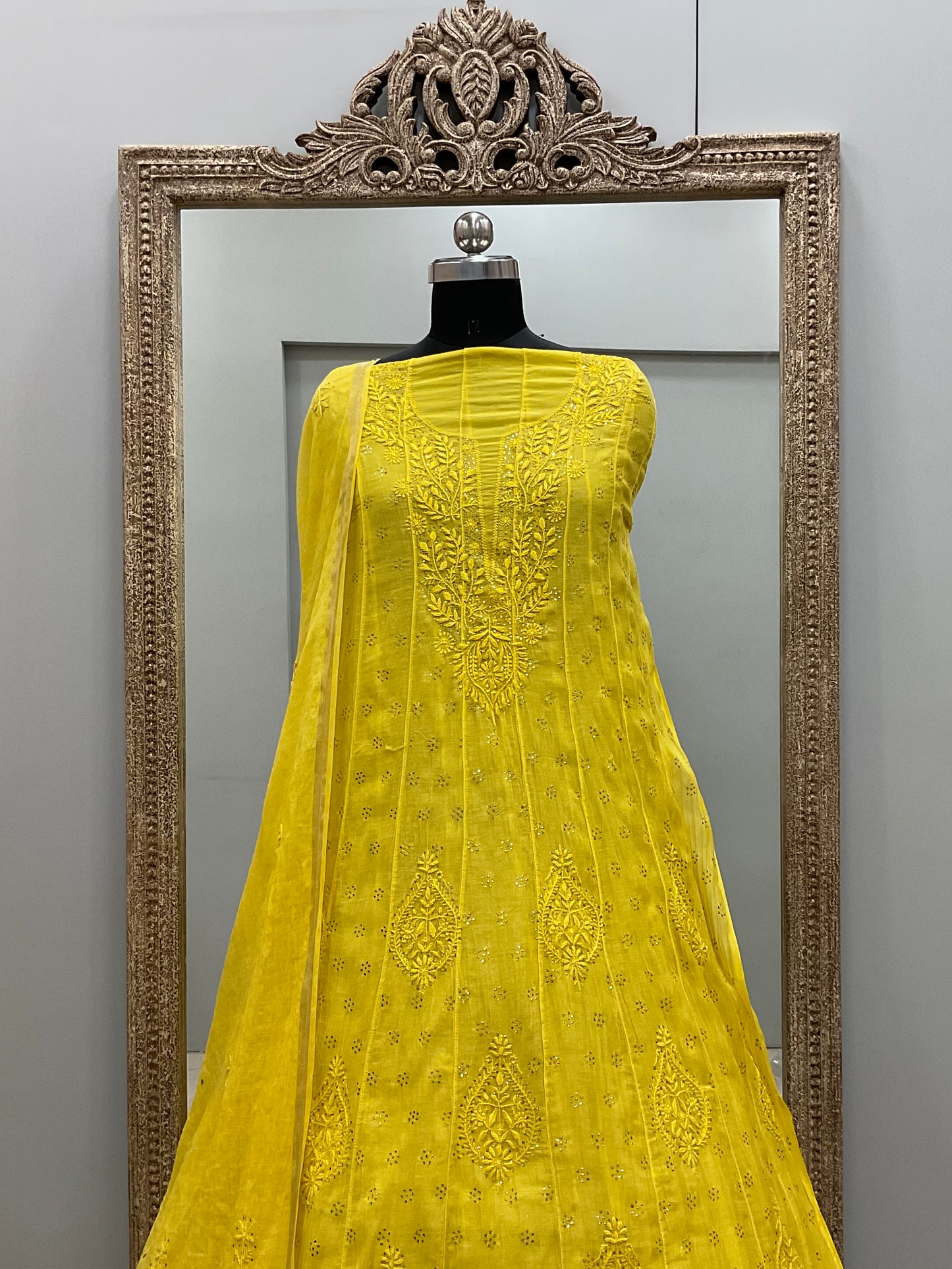 Pure Mul Anarkali Heavy Mukaish Work With Dupatta Yellow