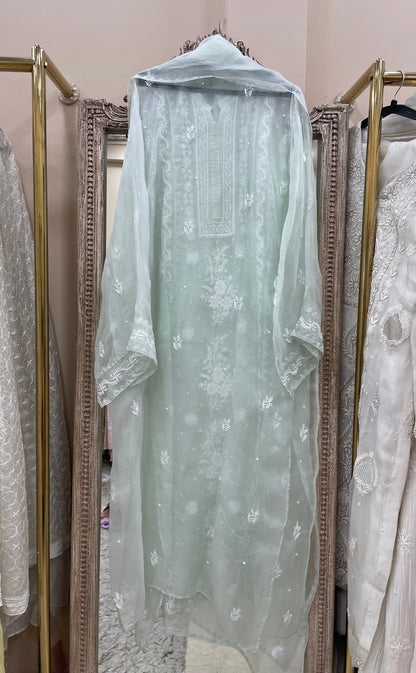 Pure Organza Semistiched Straight With Chickan And Addon Work Sage Green