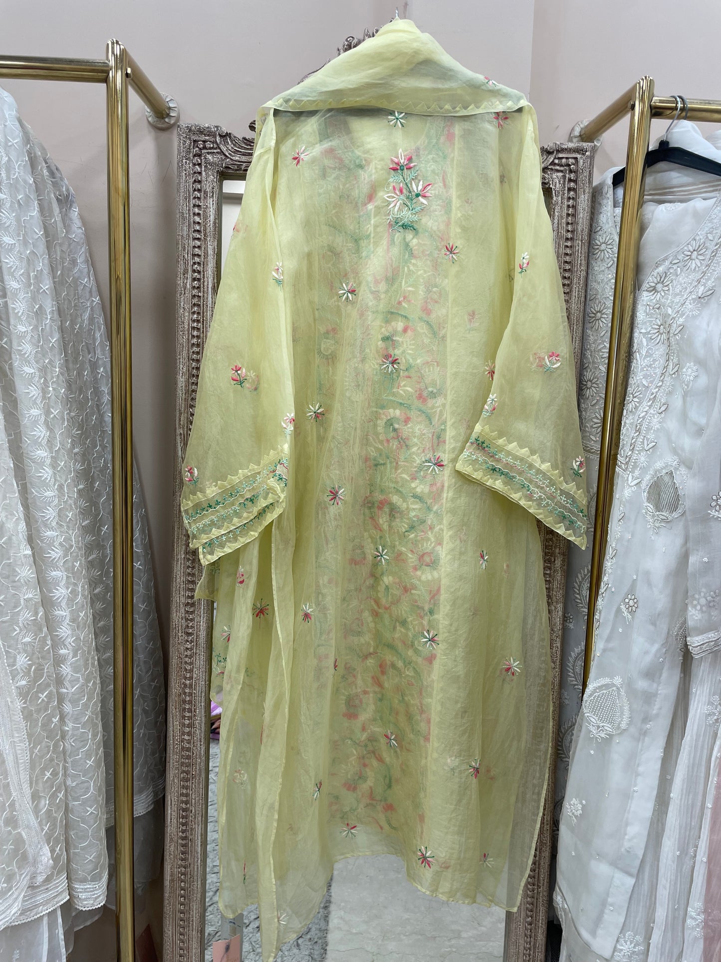 Pure Organza Semistiched Straight Parsi Work With Shirt And Dupatta Yellow