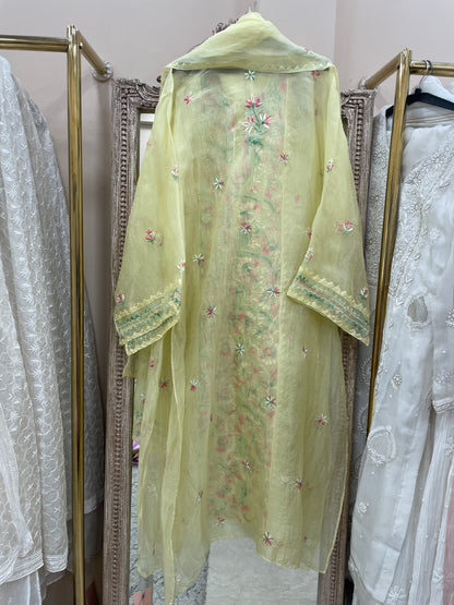 Pure Organza Semistiched Straight Parsi Work With Shirt And Dupatta Yellow