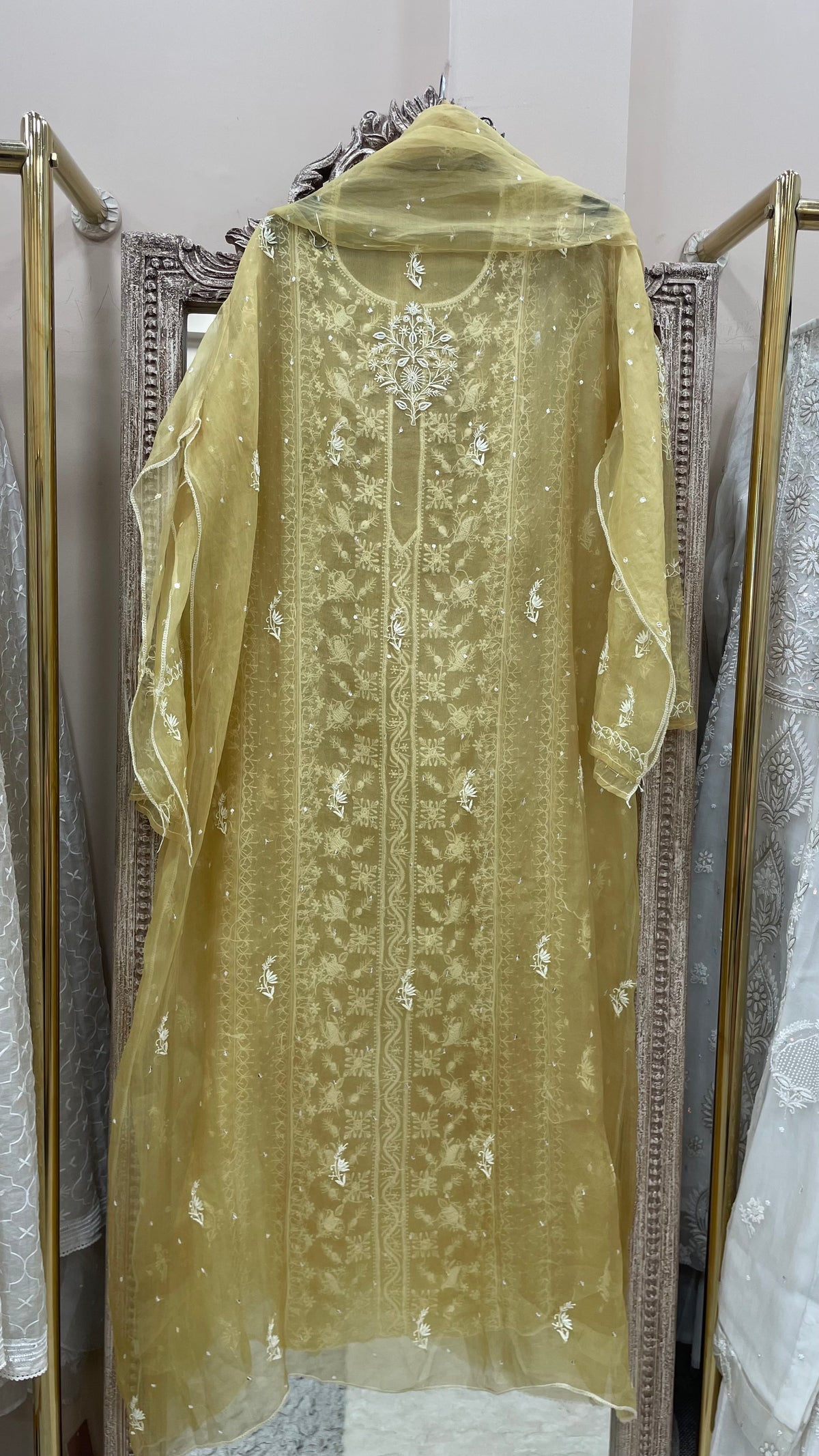 Pure Organza Semistiched Straight With Chickan And Addon Work Mustard Yellow
