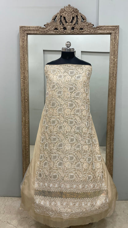 Pure Organza Straight Front and Back Same Heavy Pearl and Sequence Work Beige