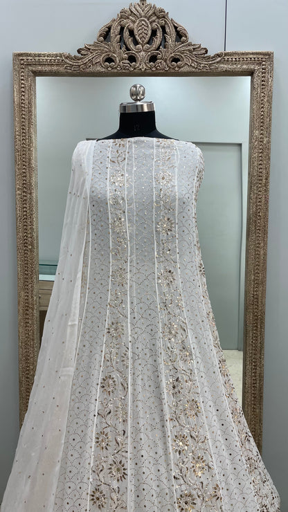 Pure Georgette Badla Mukaish Anarkali and Dupatta Off White