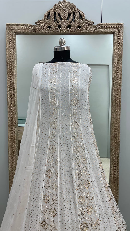 Pure Georgette Badla Mukaish Anarkali and Dupatta Off White