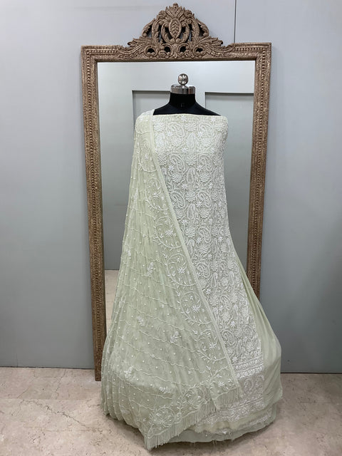 Pure Georgette Front And Back Heavy Pearl And Cutdana Work With Dupatta Green