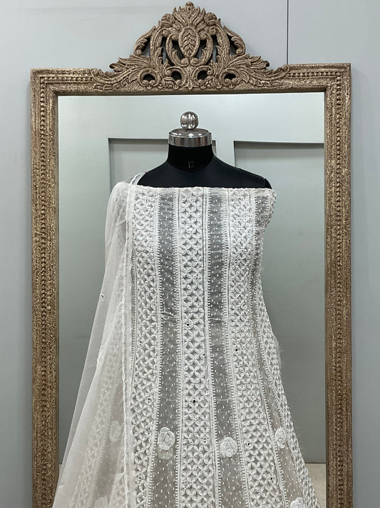 Semi Organza Anarkali Heavy Pearl and Sequence Off-White