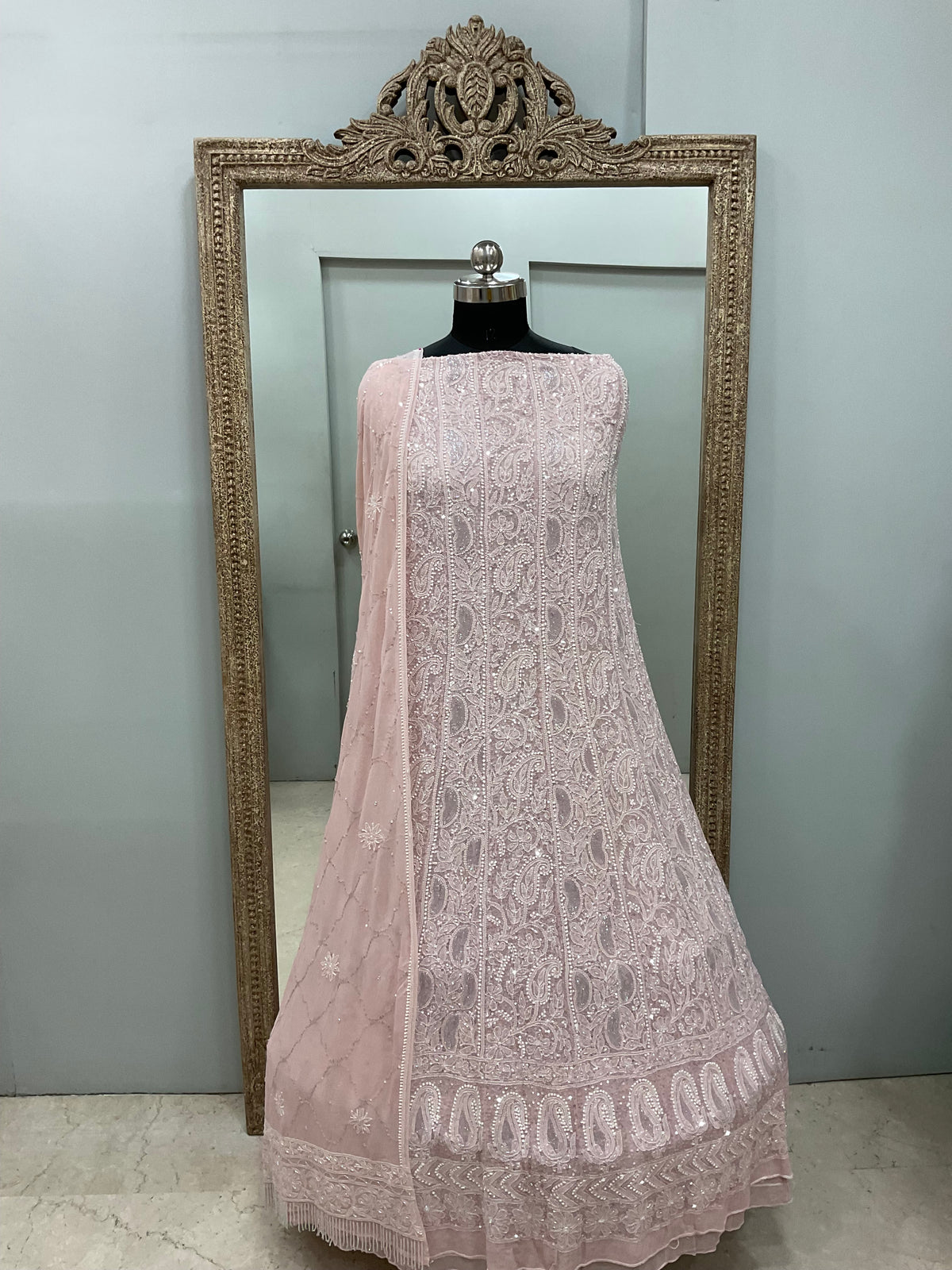 Pure Georgette Anarkali Heavy Pearl, Cutdana and Sequence Pink