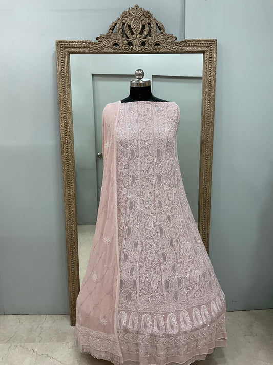 Pure Georgette Anarkali Heavy Pearl, Cutdana and Sequence Pink