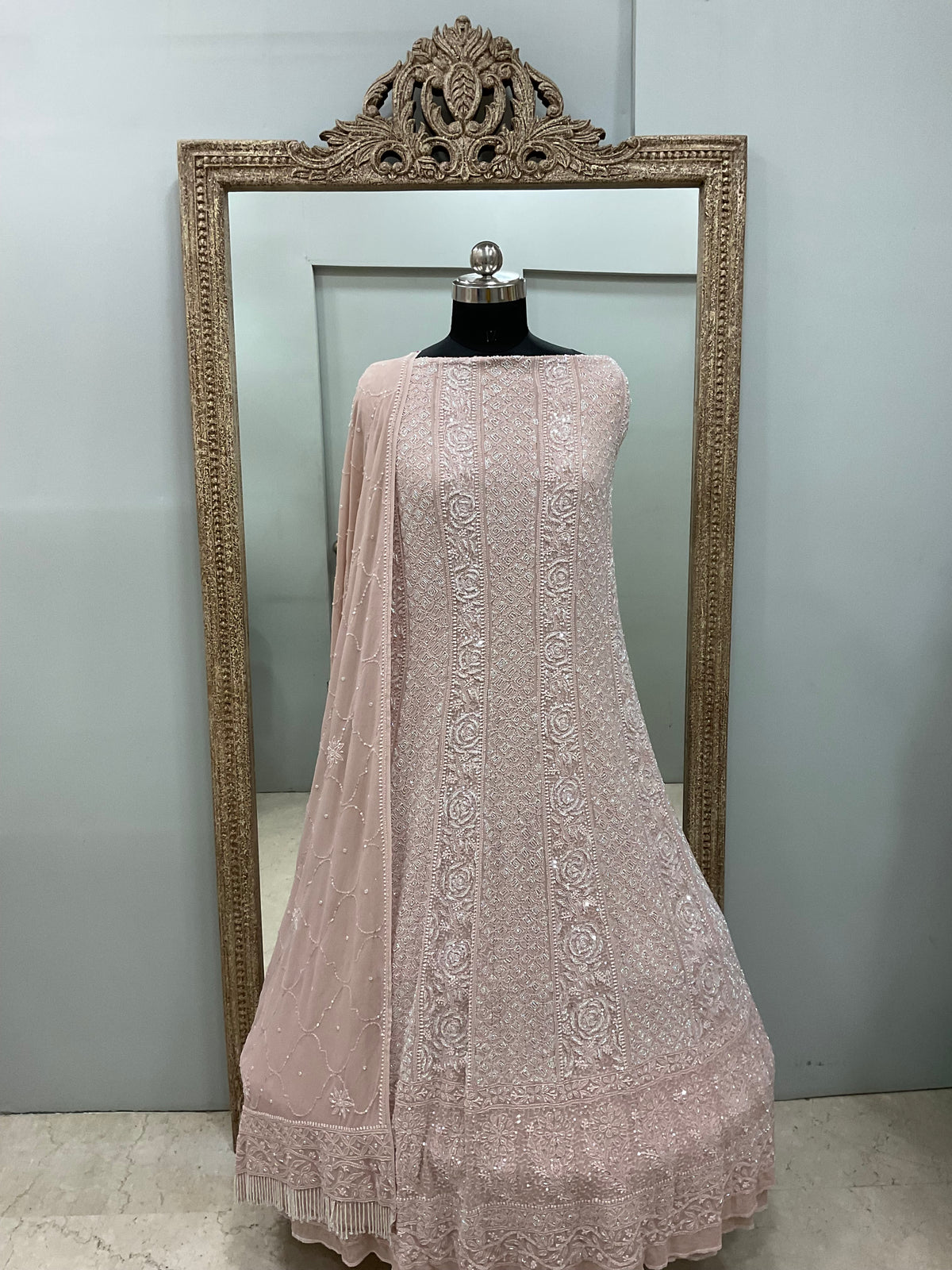 Pure Georgette Anarkali Heavy Pearl, Cutdana and Sequence Pink
