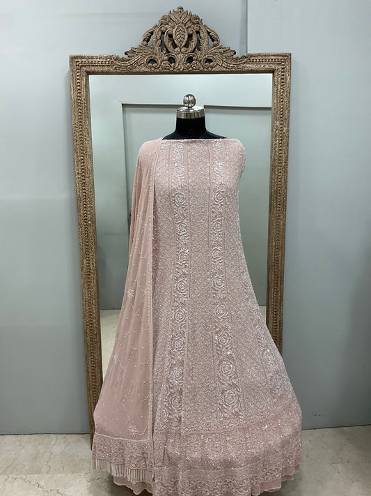 Pure Georgette Anarkali Heavy Pearl, Cutdana and Sequence Pink