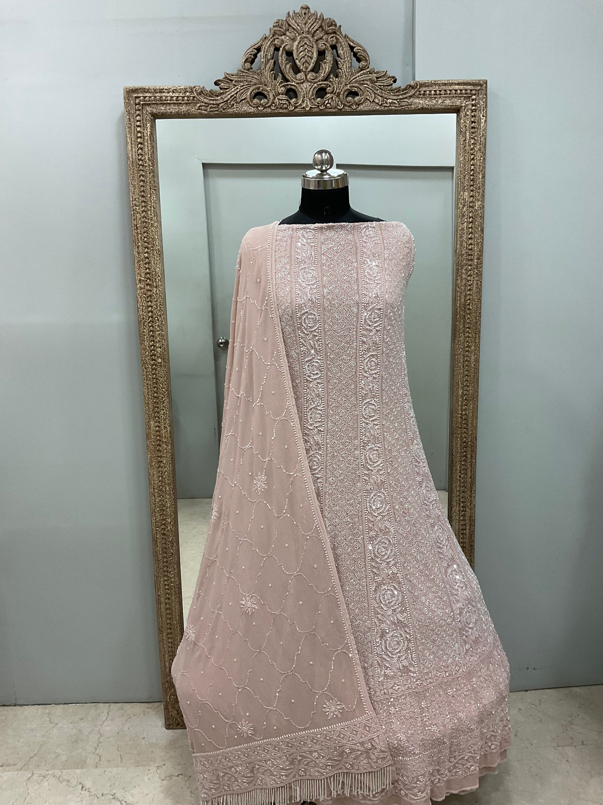 Pure Georgette Anarkali Heavy Pearl, Cutdana and Sequence Pink