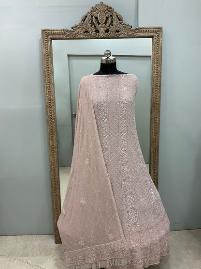 Pure Georgette Anarkali Heavy Pearl, Cutdana and Sequence Pink