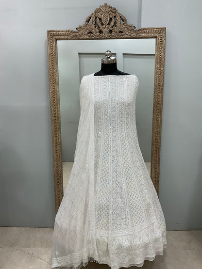 Pure Georgette Anarkali Heavy Pearl, Cutdana and Sequence White 03
