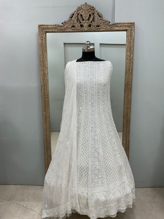Pure Georgette Anarkali Heavy Pearl, Cutdana and Sequence White 03