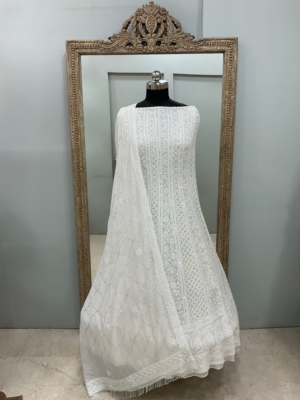 Pure Georgette Anarkali Heavy Pearl, Cutdana and Sequence White 03
