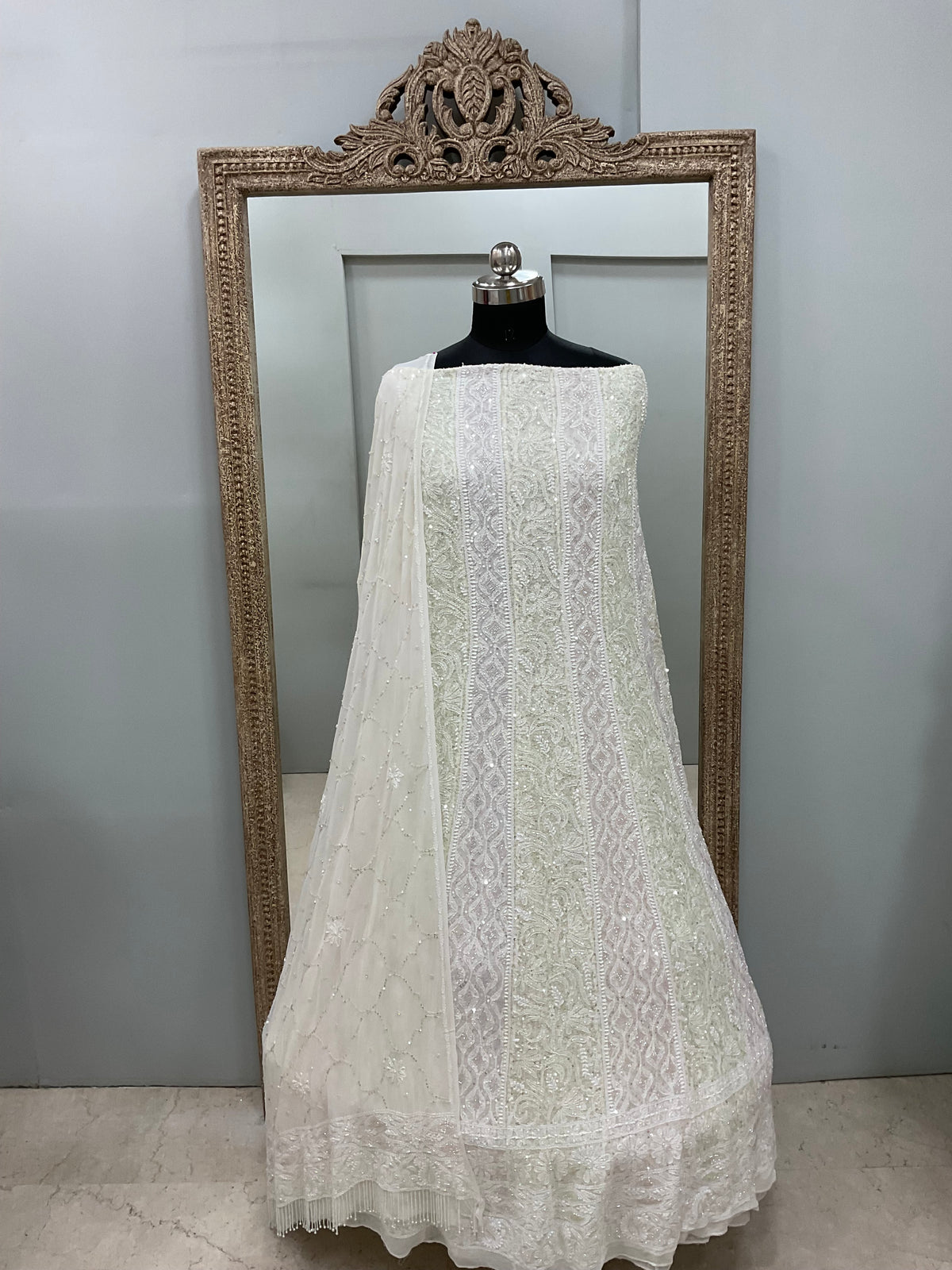 Pure Georgette Anarkali Heavy Pearl, Cutdana and Sequence White 04