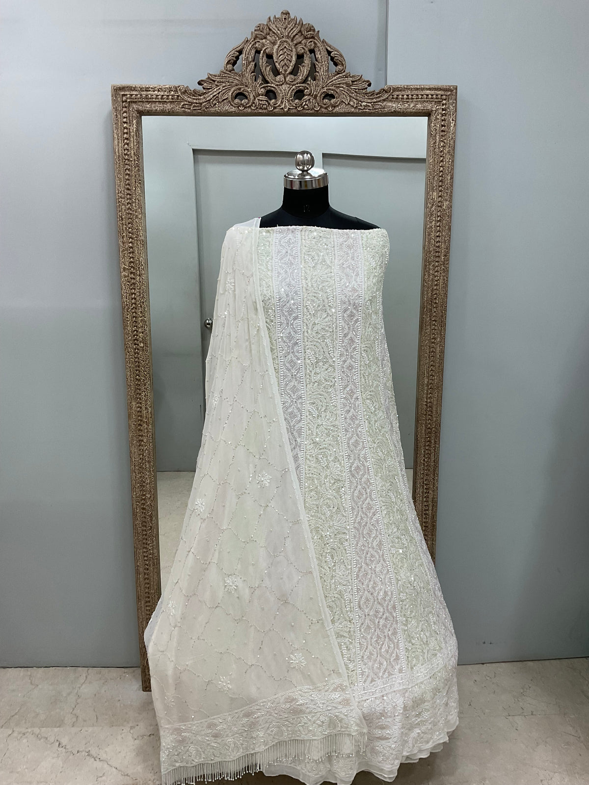 Pure Georgette Anarkali Heavy Pearl, Cutdana and Sequence White 04