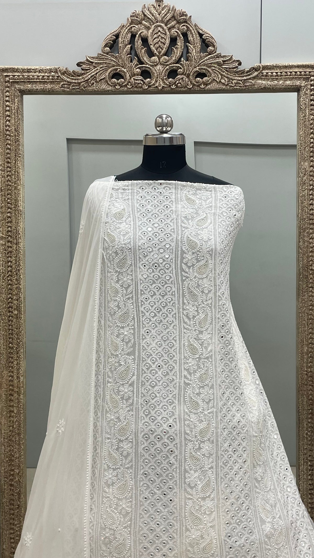 Pure Georgette Heavy Pearl And Mirror Work White