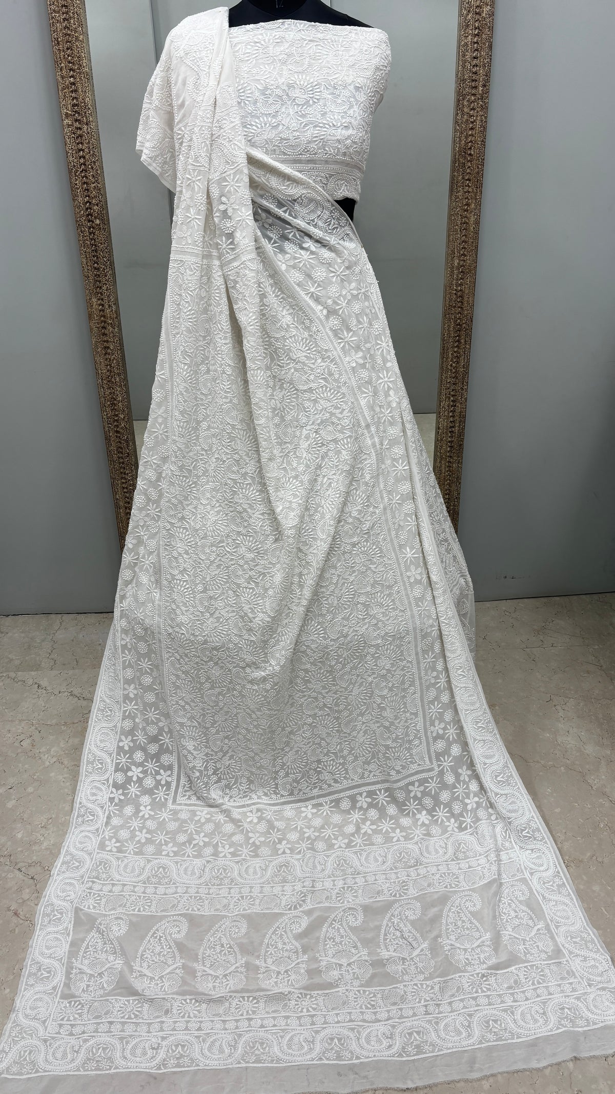 Pure Georgette Lehenga With Heavy Fine Chikan Work Off White 01
