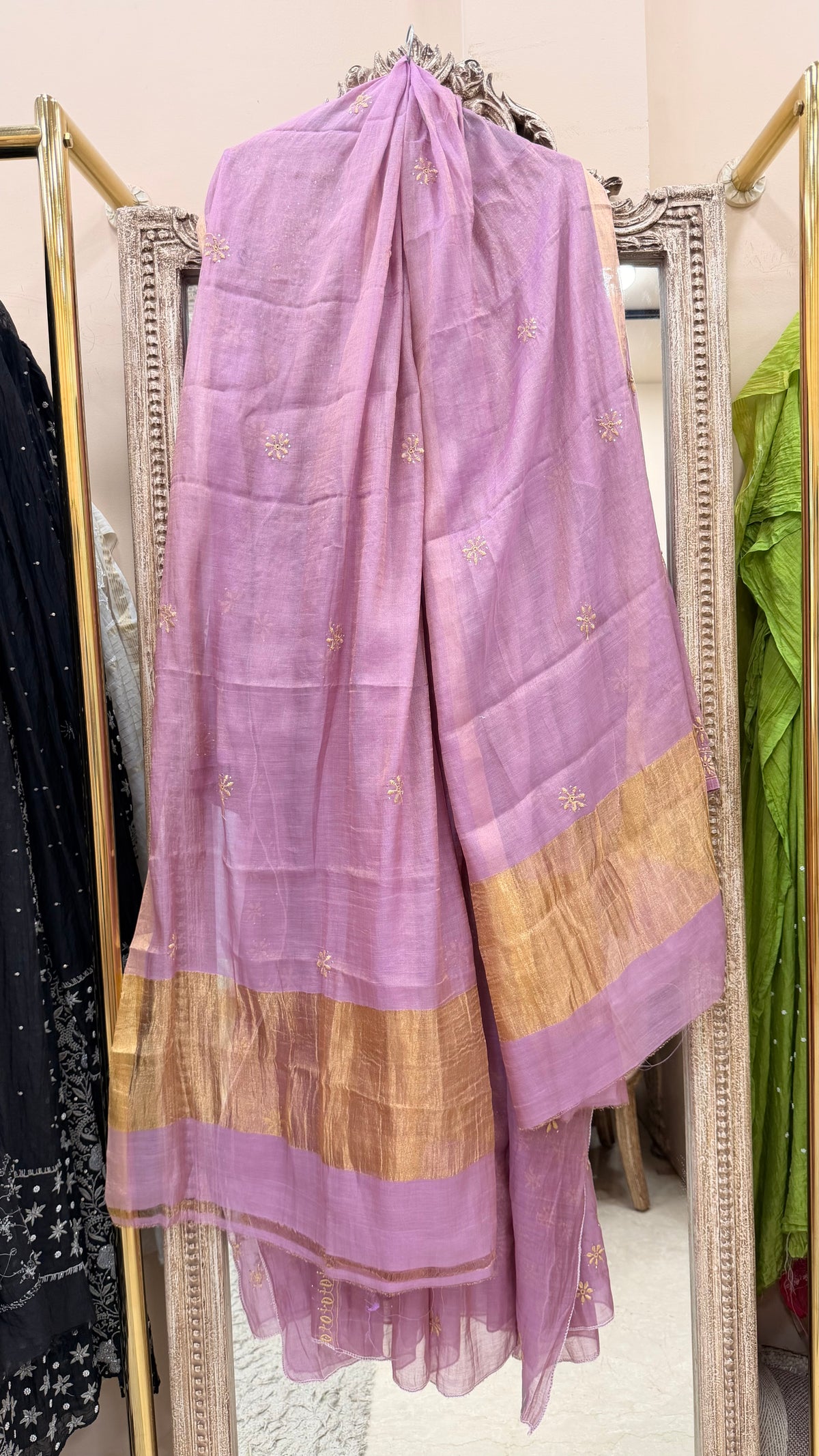 Tissue Semistihed Angrakha Chikan Jali Work Shirt And Dupatta Lilac