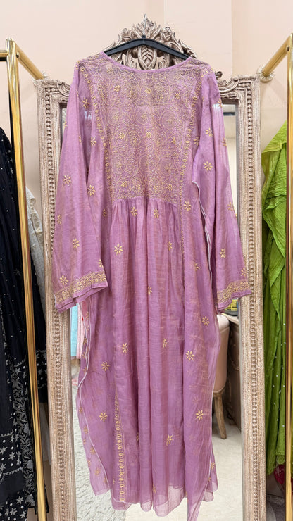 Tissue Semistihed Angrakha Chikan Jali Work Shirt And Dupatta Lilac