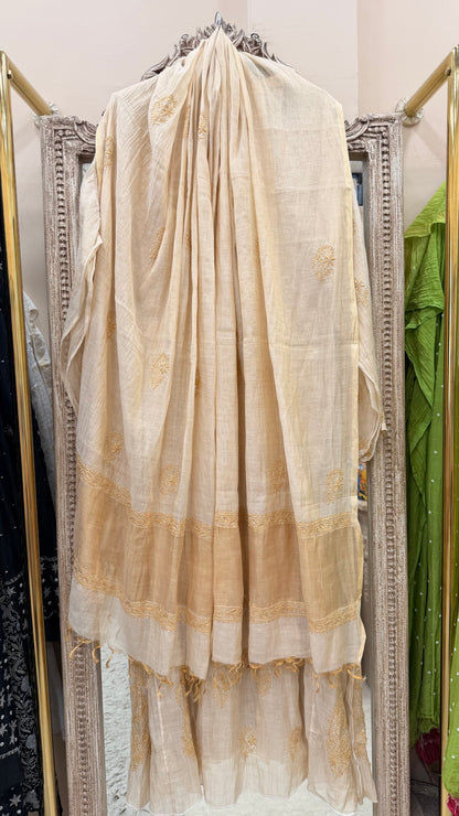 Pure Tissue Semistihed Anarkali Chikan Jali Work Shirt And Dupatta Golden