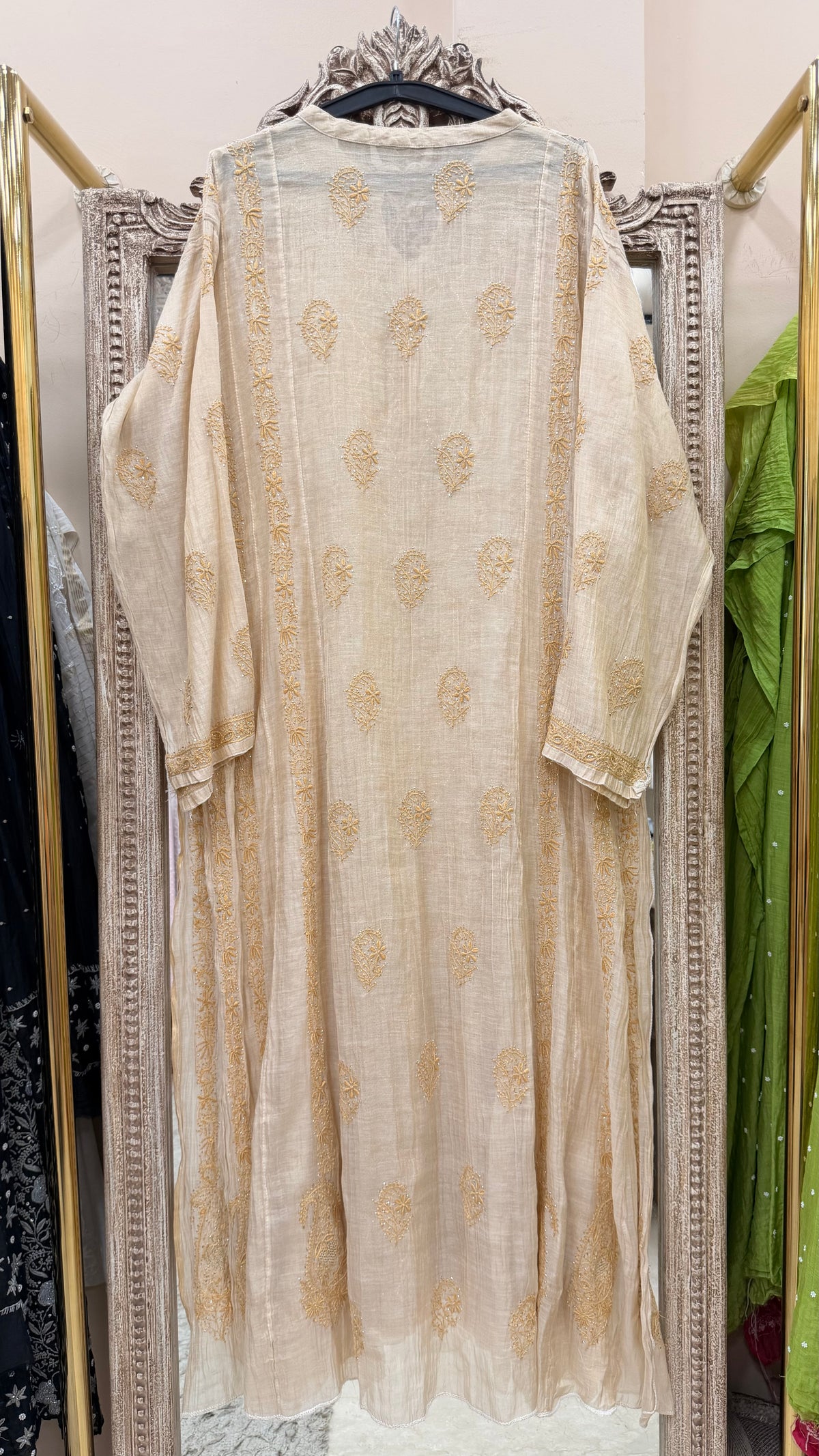 Pure Tissue Semistihed Anarkali Chikan Jali Work Shirt And Dupatta Golden