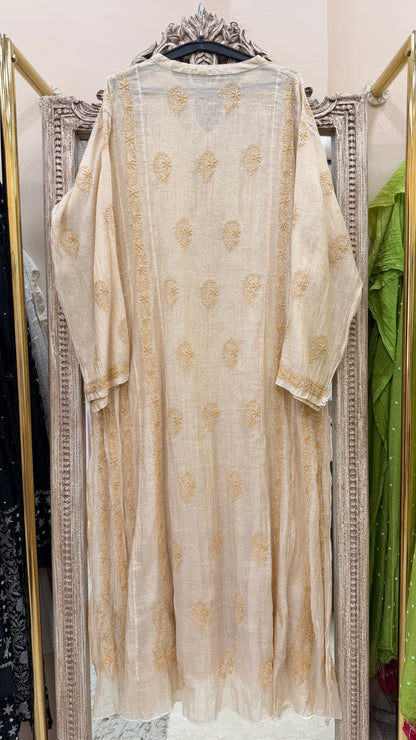 Pure Tissue Semistihed Anarkali Chikan Jali Work Shirt And Dupatta Golden