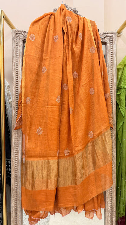 Pure Tissue Semistihed Anarkali Chikan Jali Work Shirt And Dupatta Orange