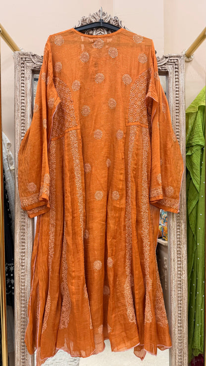 Pure Tissue Semistihed Anarkali Chikan Jali Work Shirt And Dupatta Orange