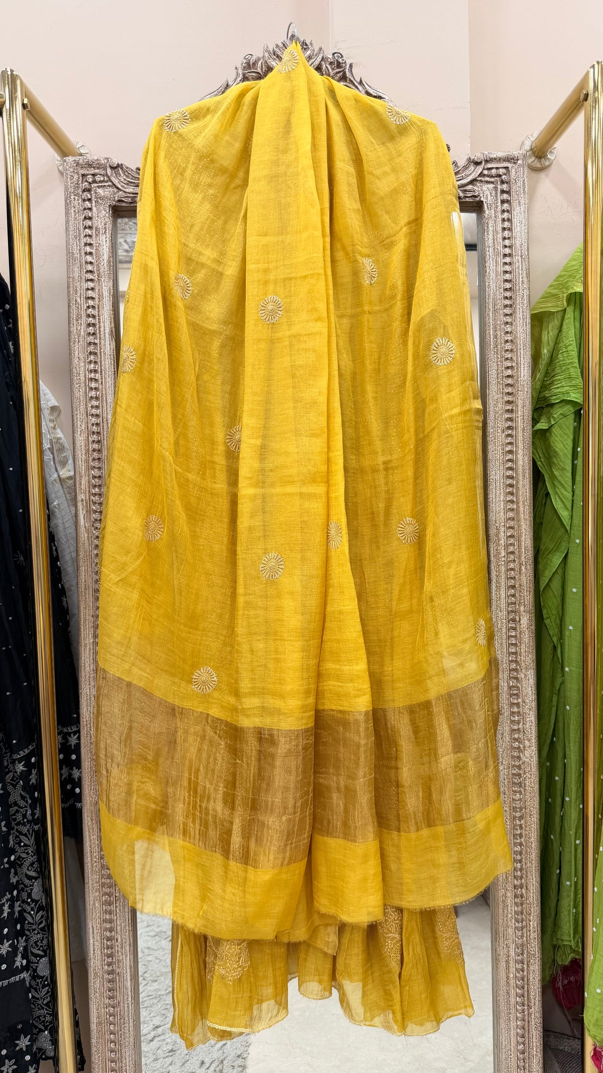 Pure Tissue Semistihed Anarkali Chikan Jali Work Shirt And Dupatta Yellow