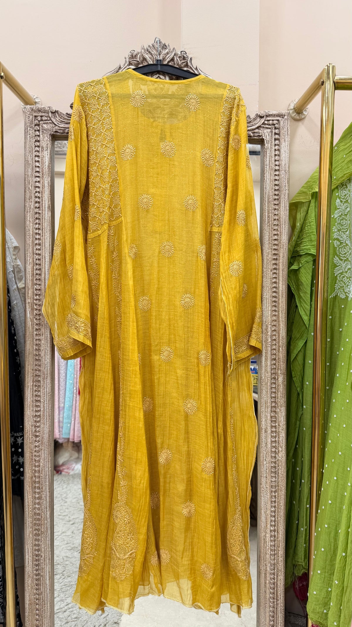 Pure Tissue Semistihed Anarkali Chikan Jali Work Shirt And Dupatta Yellow