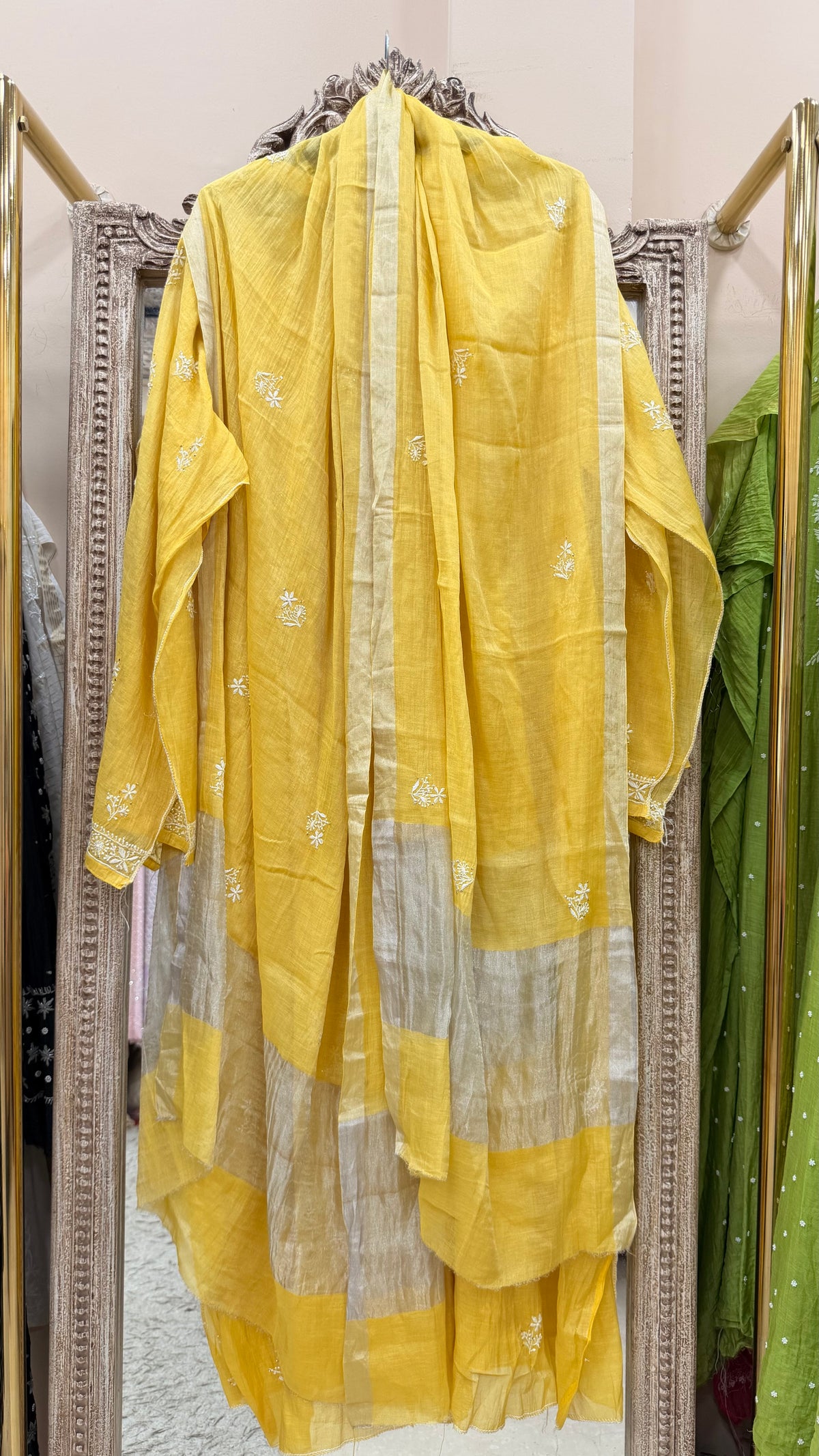 Tissue Semistihed Straight Chikan Jali Work Shirt And Dupatta Yellow