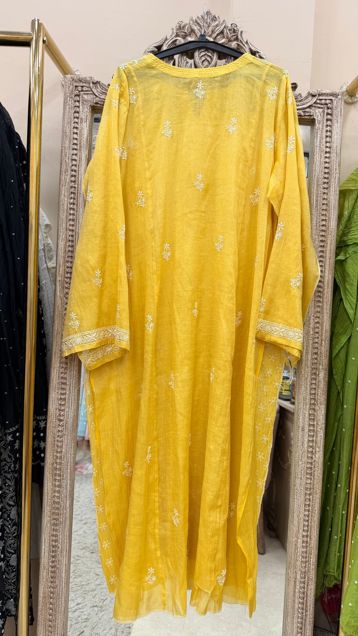 Tissue Semistihed Straight Chikan Jali Work Shirt And Dupatta Yellow