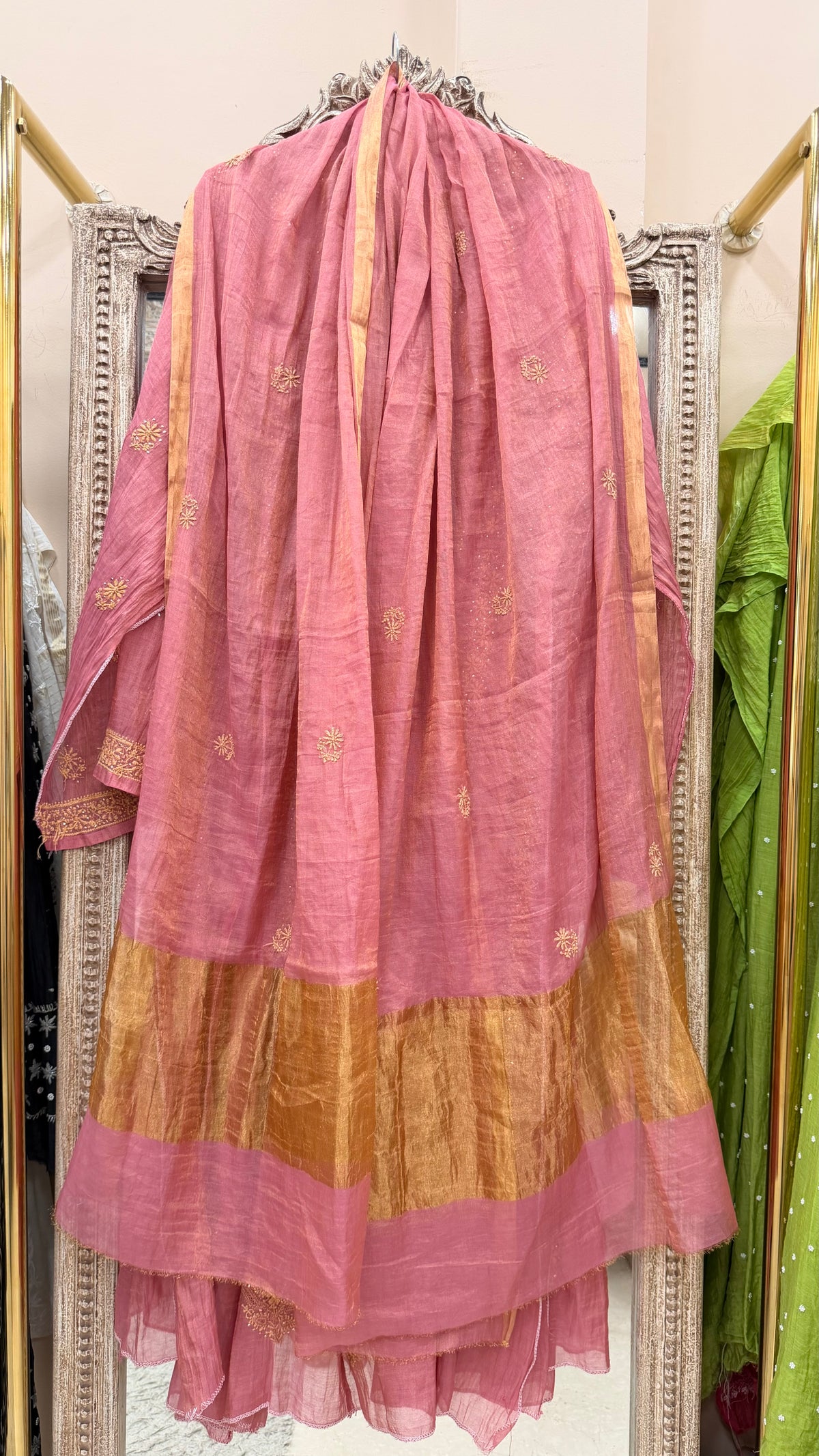 Pure Tissue Semistihed Anarkali Chikan Jali Work Shirt And Dupatta Rust