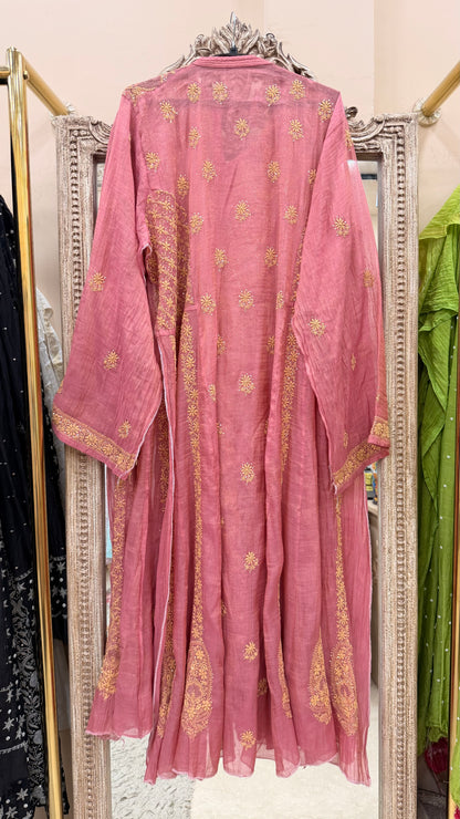 Pure Tissue Semistihed Anarkali Chikan Jali Work Shirt And Dupatta Rust