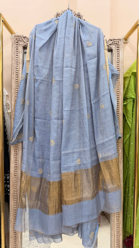 Tissue Semistihed Straight Chikan Jali Work Shirt And Dupatta Blue