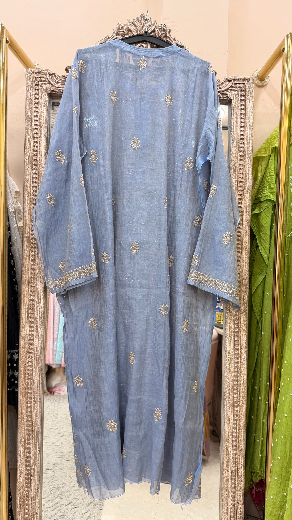 Tissue Semistihed Straight Chikan Jali Work Shirt And Dupatta Blue